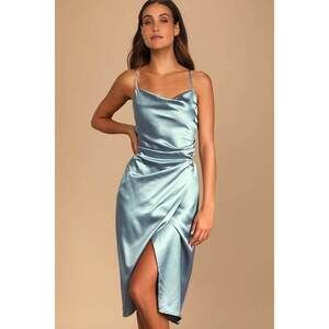 Lulus Hollywood Woman Dusty Blue Satin Midi Dress - Size S